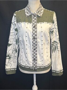 Chico's Embellished Jean Jacket in Cream and Olive Colorways